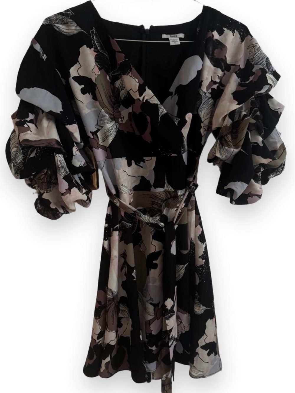 Bar III Black Floral Wrap Mini Dress with Neutral Tones